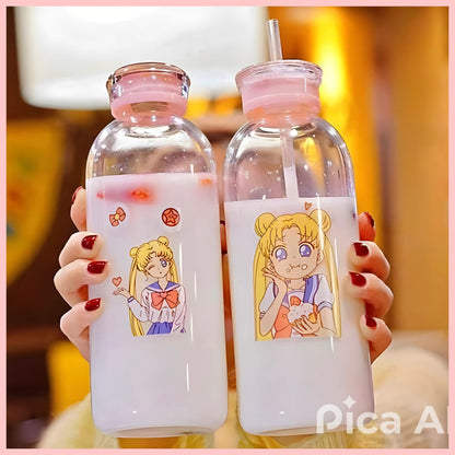 Botella de vidrio templado (frío o caliente) “Sailor Moon”, doble tapa + bombilla, 700ml