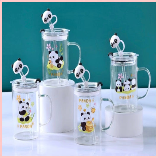 Taza Vidrio + Tapa hermética + Bombilla “Panda”. 400ml