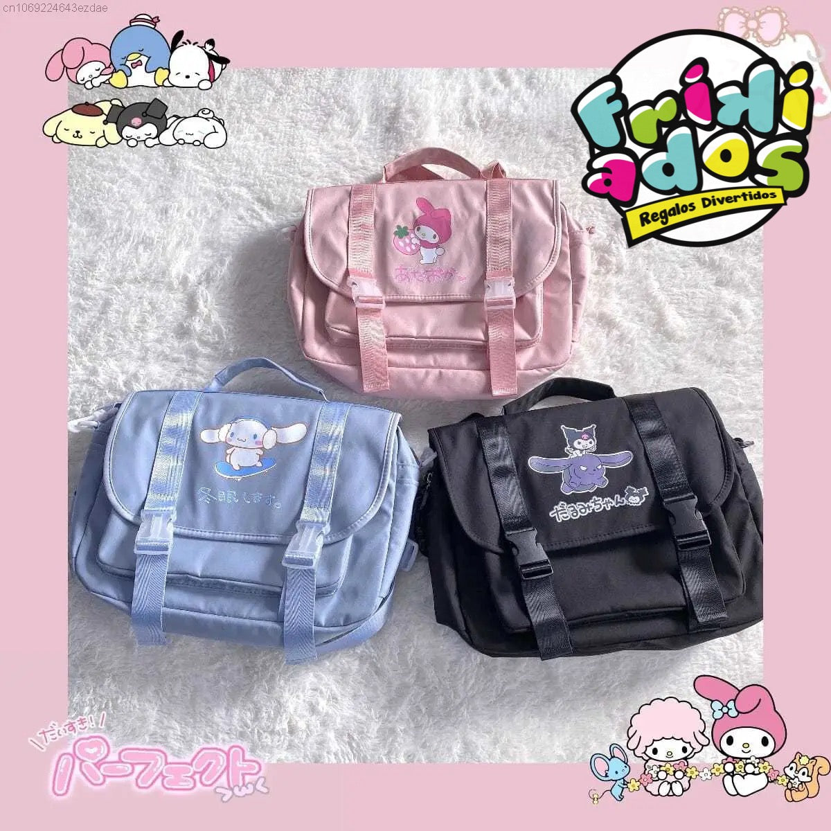 Mochila-Bolso “Sanrio” + 2 Pins + Llavero. 38x17x10Cms