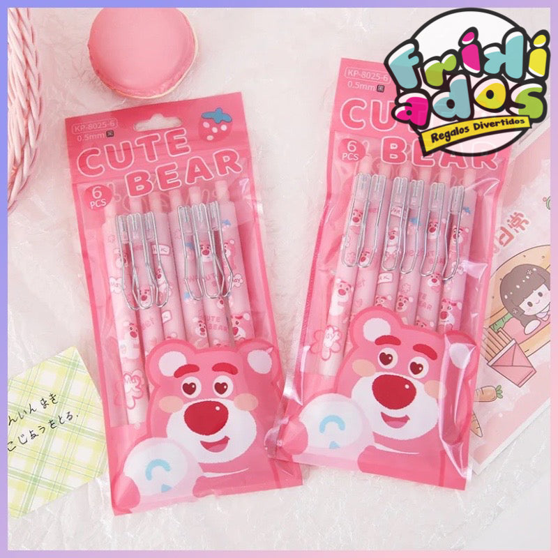 Set 6 Bolígrafos Tinta Gel, Color negro. “Cute Bear”