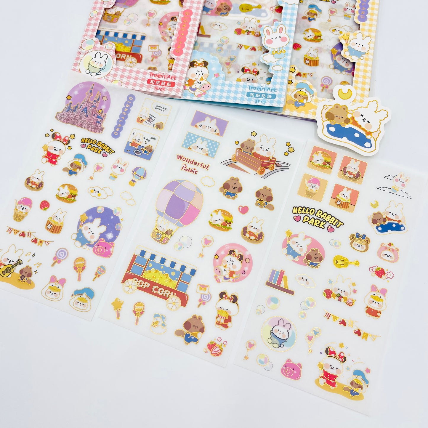 Set de 3 Láminas de Stickers con Foil Dorado