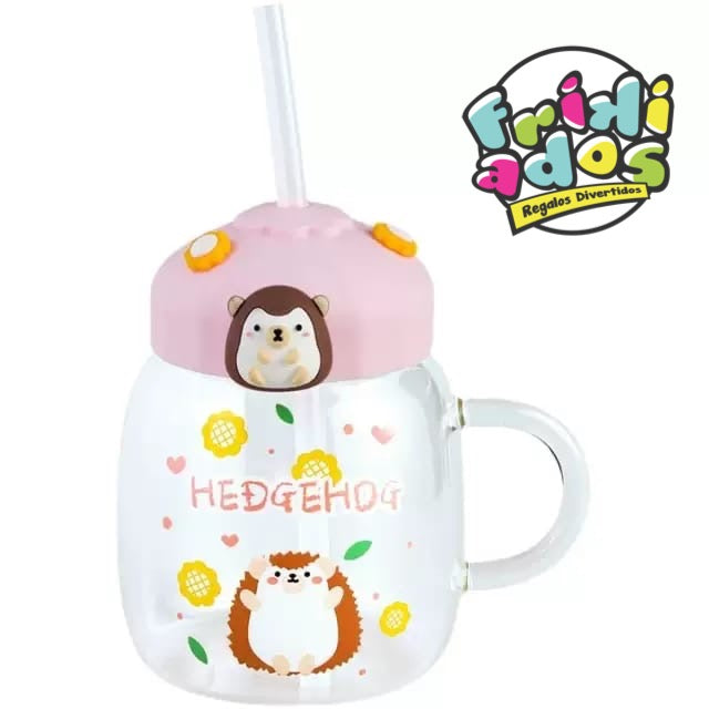 Taza Vidrio Templado “Erizo” + Tapa + Bombilla. 450ml