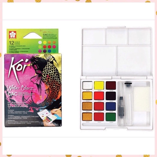 Acuarelas Koi 12 colores (4 metalizados-8 fluorescente) + pincel de agua - Sakura