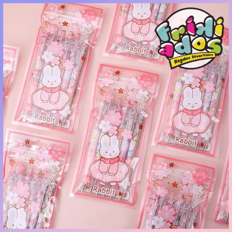 Set 6 Bolígrafos Tinta Gel, Color negro. “Sakura Rabbit🌸”