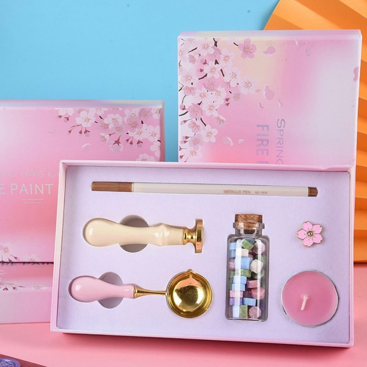 Set sello Sakura + lacre + vela + pin Sakura 🌸 + lápiz metalizado