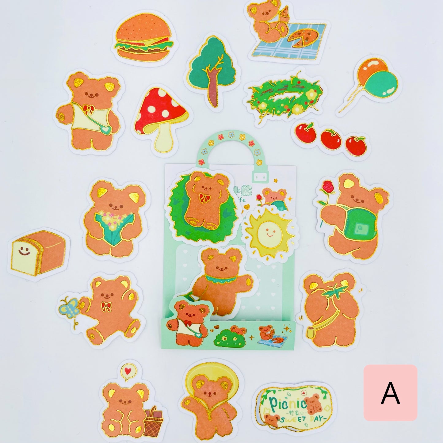 Set 20 Stickers con destellos dorados “Ositos”