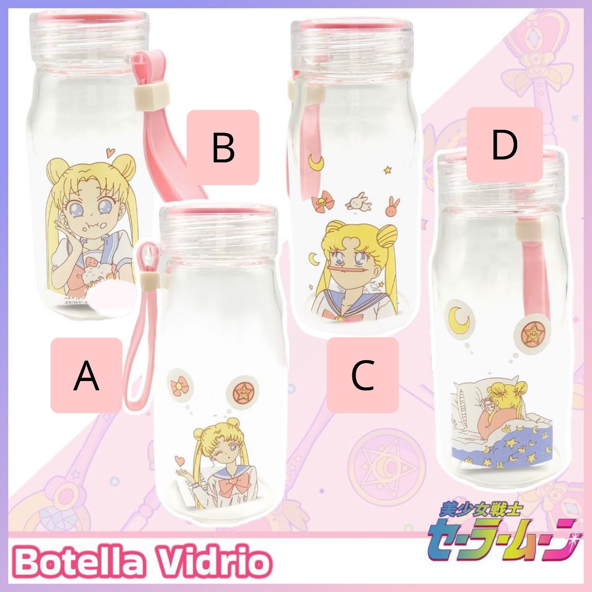 Botella Vidrio Templado “Sailor Moon”, Boca ancha, 400ml. Apta para líquidos calientes y fríos